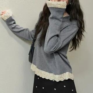 Round Neck Plain Lace Trim Knit Top Gray