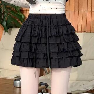 High Waist Plain Lace Trim Tiered Ruffle Mini A-Line Skirt Black