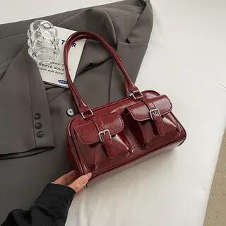 Multi-Pocket Faux Leather Tote Bag Tote Bag - Red