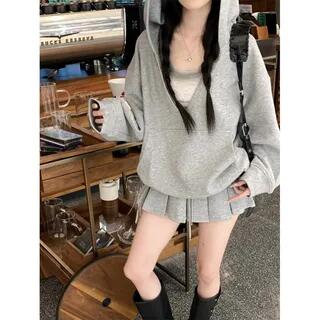 Puff-Sleeve V-Neck Plain Oversized Hoodie Scoop Neck Tank Top Pleated Mini A-Line Skirt Skirt - Gray