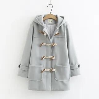 Hooded Plain Toggle Duffle Coat Green
