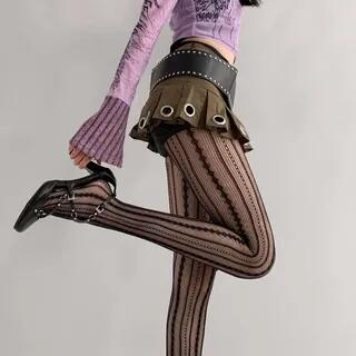 Striped Lace Tights Wine Red