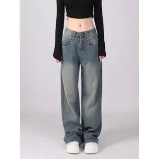 Low Rise Washed Wide Leg Jeans Various Designs Short Edition - Blue