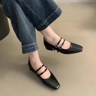 Block Heel Square-Toe Double Strap Mary Jane Shoes Black