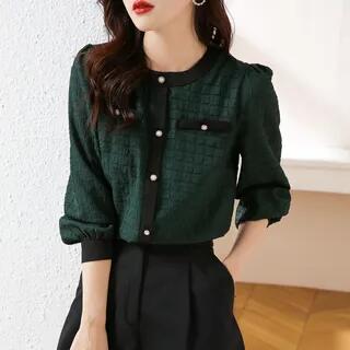 Elbow Sleeve Crew Neck Contrast Trim Blouse Green