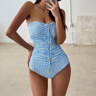 Strapless Plaid Swimsuit Blue