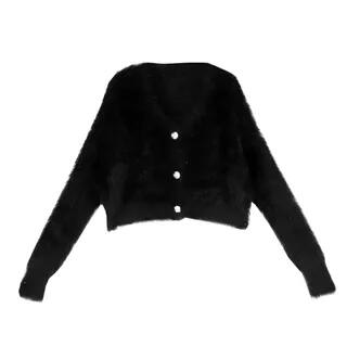 Set: Plain Fluffy Cropped Cardigan + Knit Cropped Camisole Top Set of - Fluffy Camisole Top & Knit Camisole Top - Black