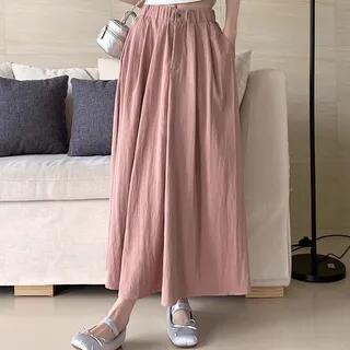 High Waist Plain Maxi A-Line Skirt Pink