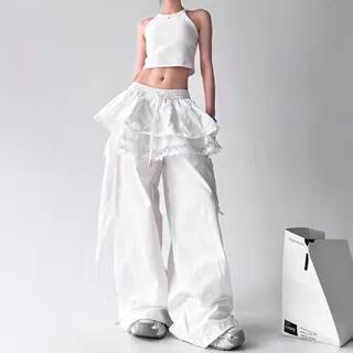 Drawstring Waist Lace Panel Layered Skirt Overlay Baggy Cargo Pants YPY-FY- - White