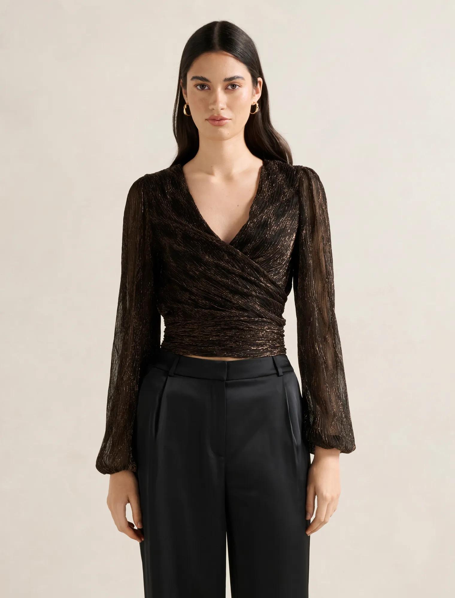 Forever New Women's Odette Plisse Wrap Top in Bronze, Size Large PolyesterMetallised FibrePolyester