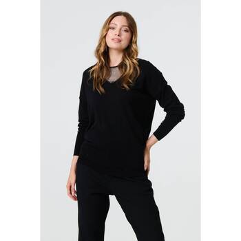 Izabel London Sequin Mesh V-Neck Knitted Top women's Sweater in Black