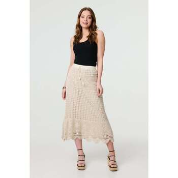 Izabel London Mesh Crochet Texture Tie Waist Midi Skirt women's Midi Skirts in Beige