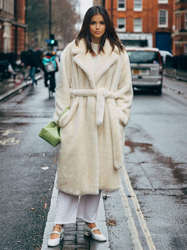 Longline Fux Fur Coat Notched Lapel Belted Eco-friendly Winter Jacket