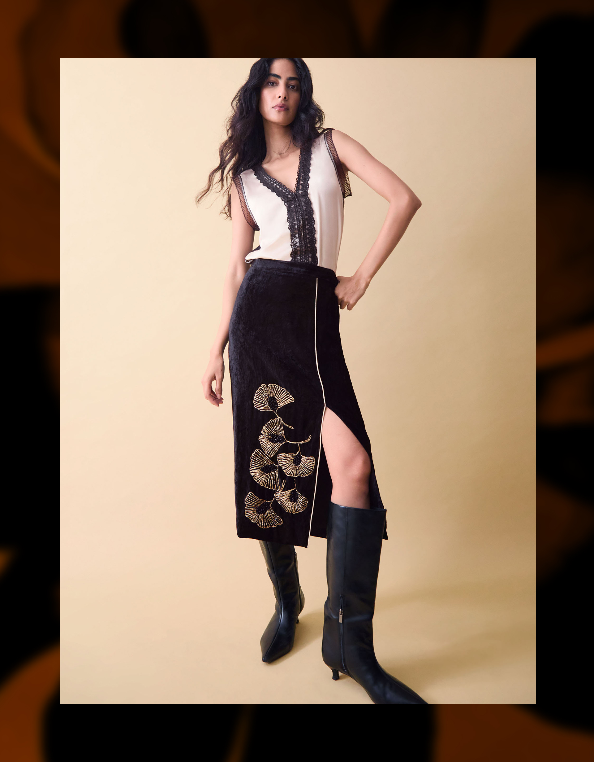 Clemence Alise Floral Embellished Velvet Midi Skirt Black