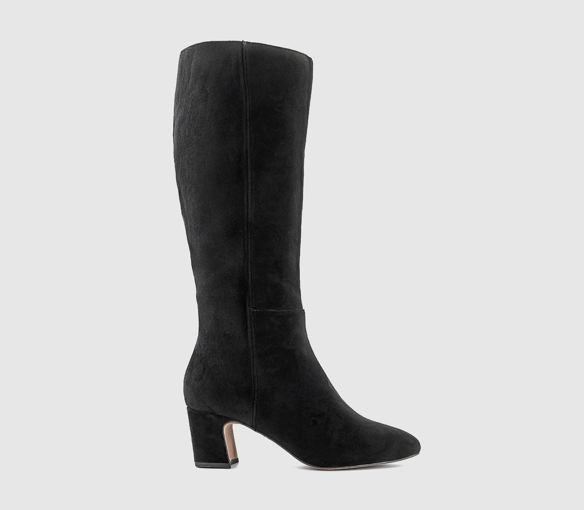 OFFICE Womens Karlie Block Heel Knee High Boots Black Faux Suede