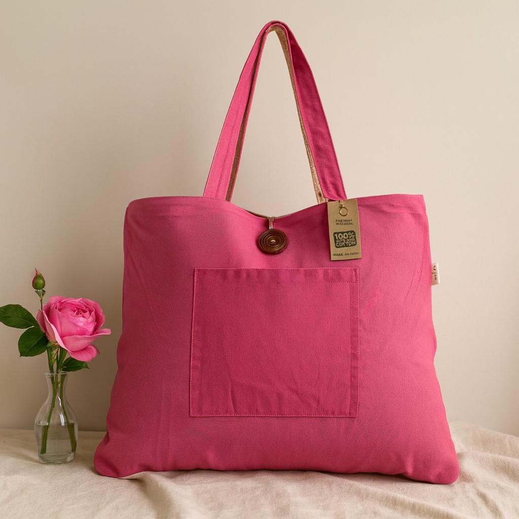 Tote Bag Reversible Pink Jute Cotton Front Pocket