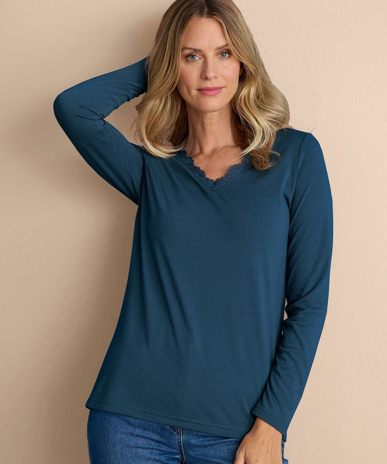 Damart Thermolactyl Lace Trim V-neck Top