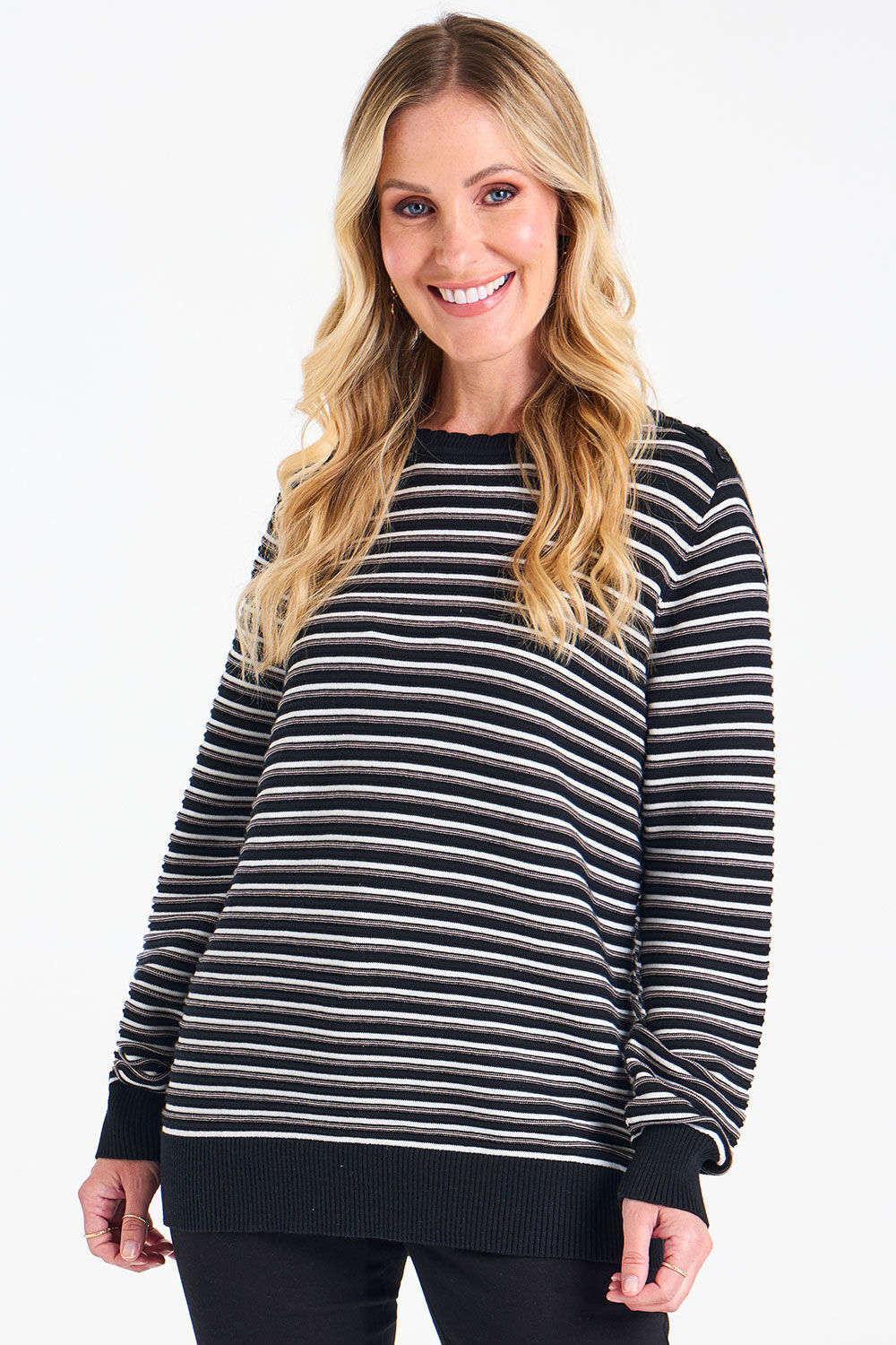 Bonmarche Women's Black & White % Cotton Striped Button Shoulder Jumper, Size: