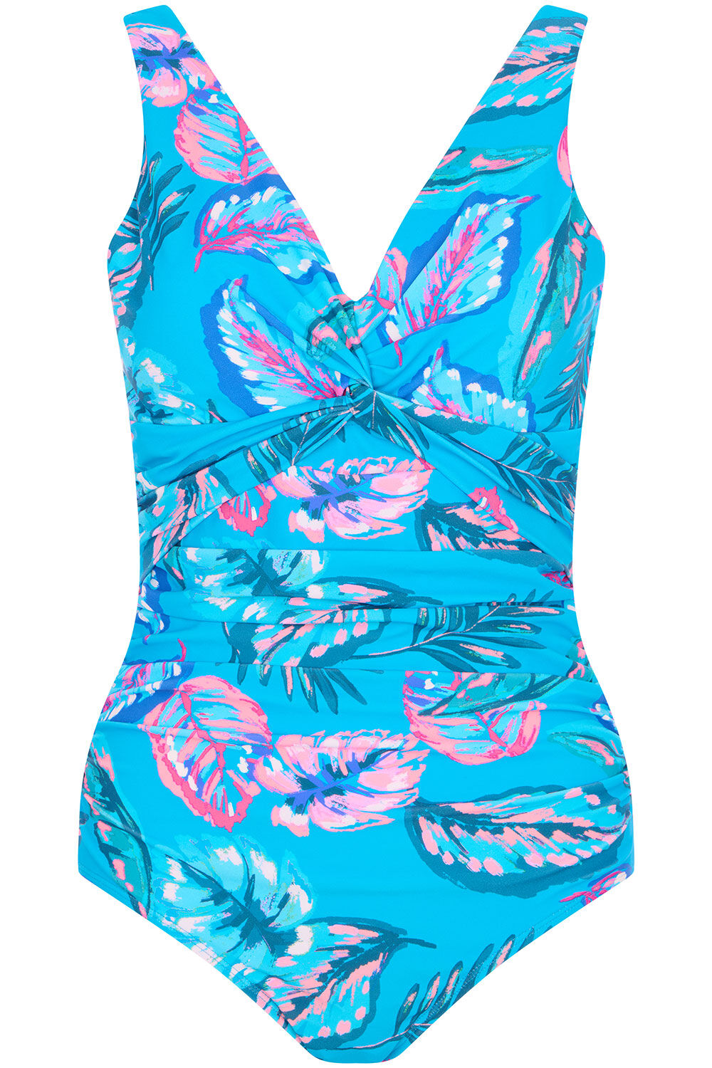 Bonmarche Women's Blue & Pink Tropical Leaf Print Knot Front Swimsuit, Size: