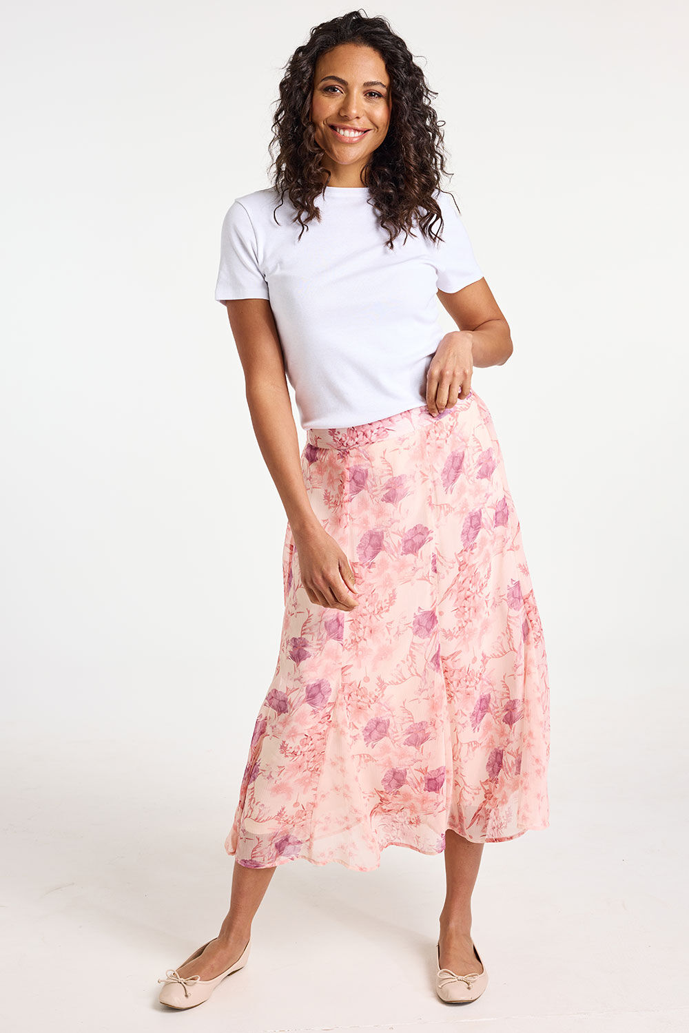 Bonmarche Pale Pink Botanical Floral Print Godet Skirt, Size: