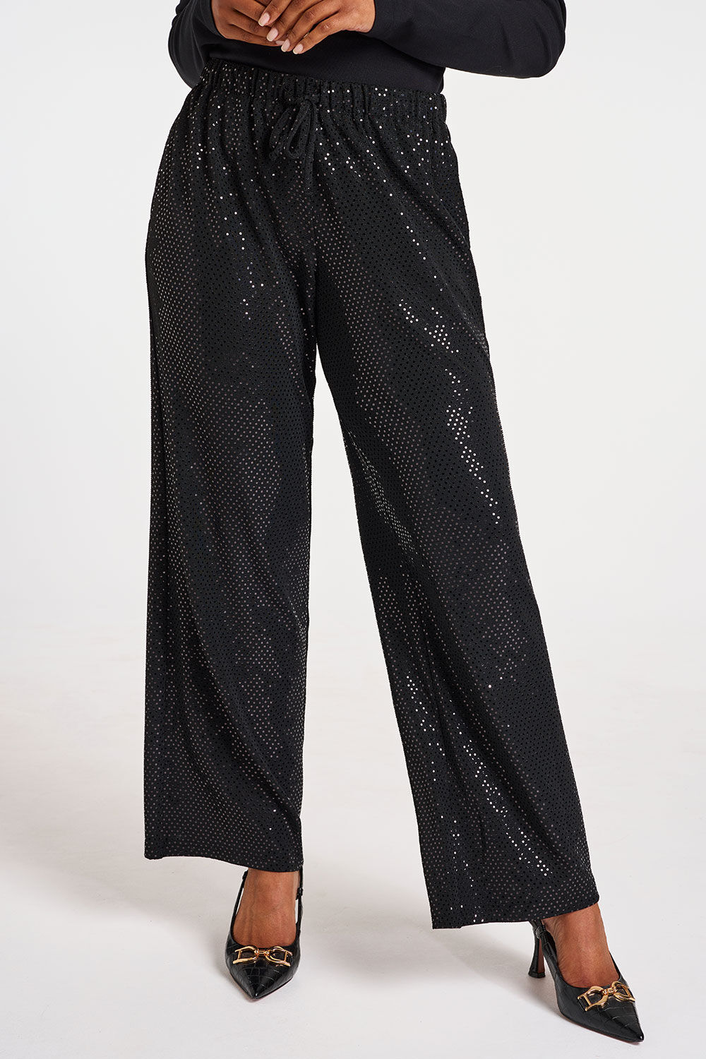 Bonmarche Black Sequin Spot Wide Leg Trousers, Size: