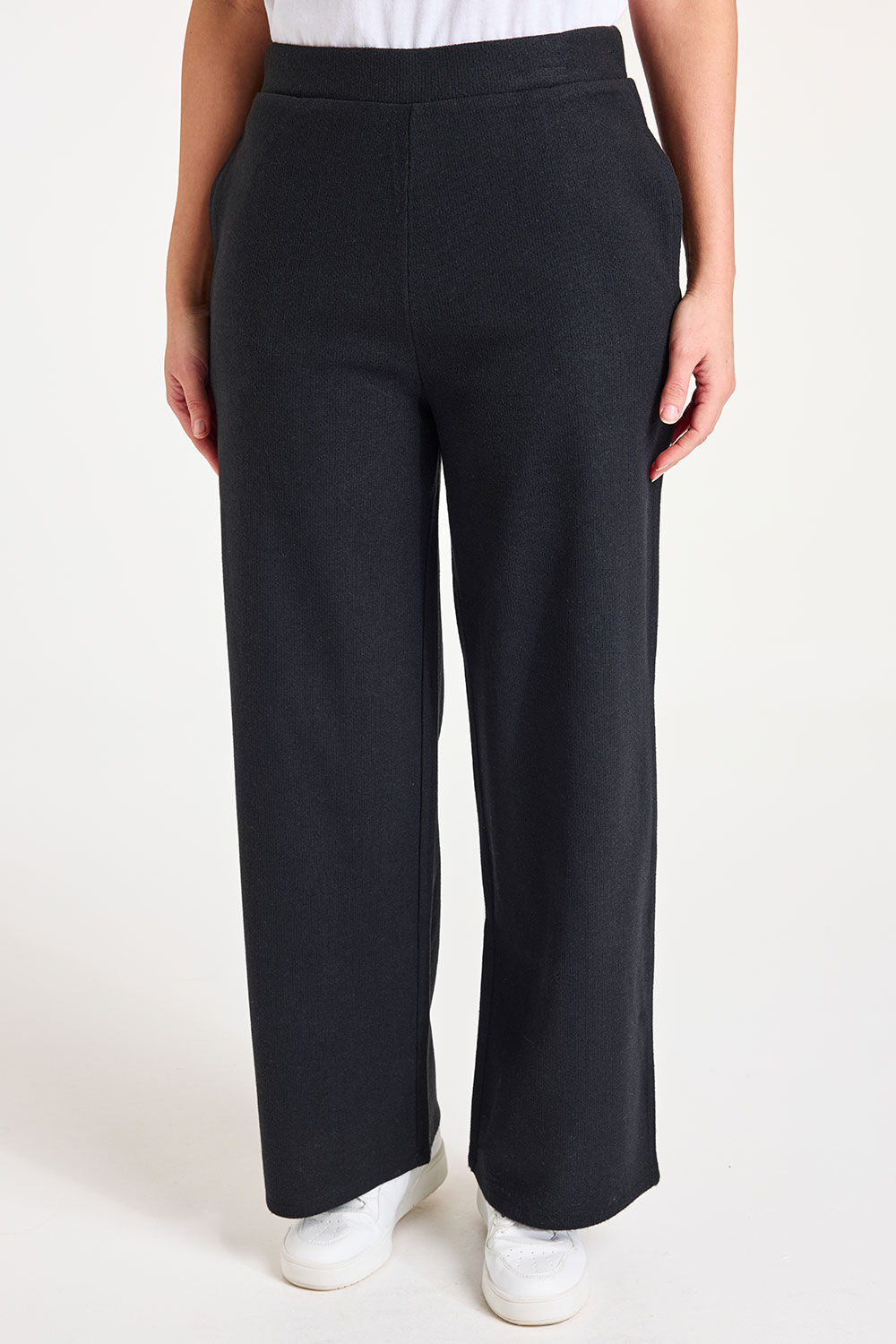 Bonmarche Black Ribbed Wide Leg Trousers, Size: