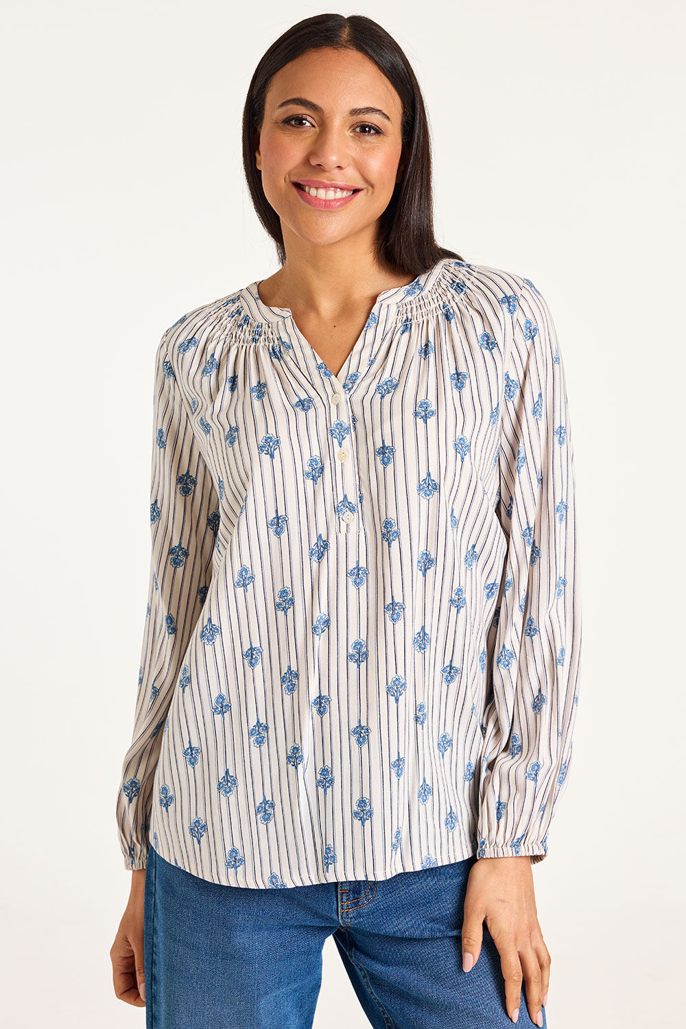 Bonmarche Creamblue Placket Foulard Stripe Overhead Blouse, Size: