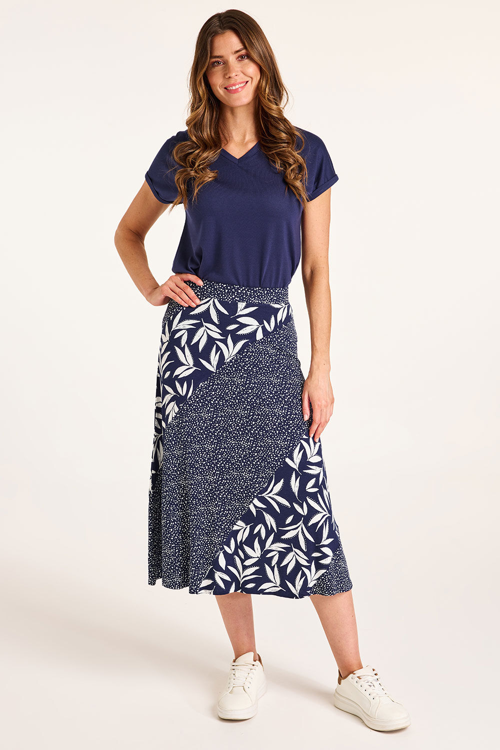 Bonmarche Navy Spot And Leaf Print Panelled Jersey Flippy Skirt, Size: