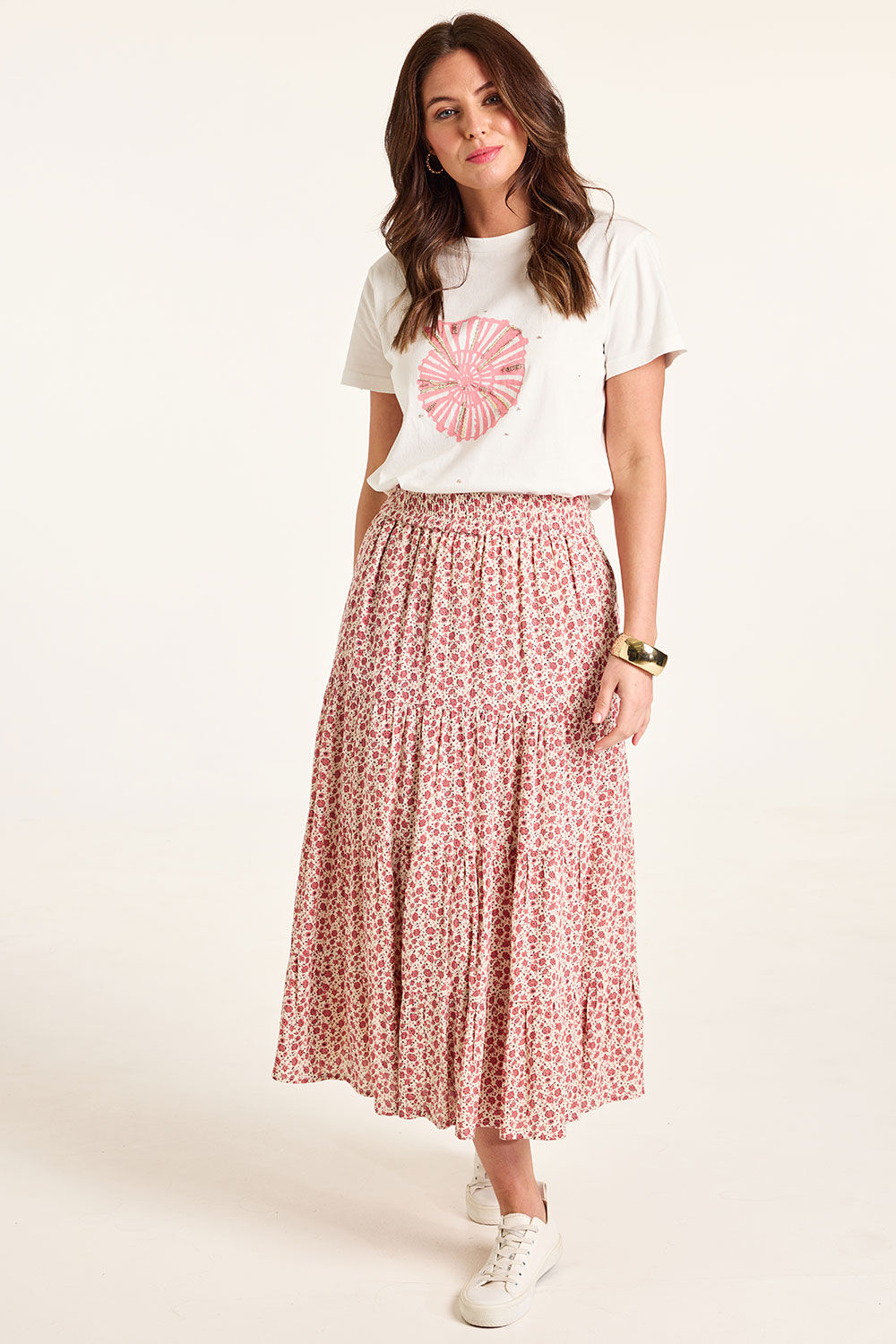 Autonomy Coral - Printed Tiered Skirt With Pockets, Size: