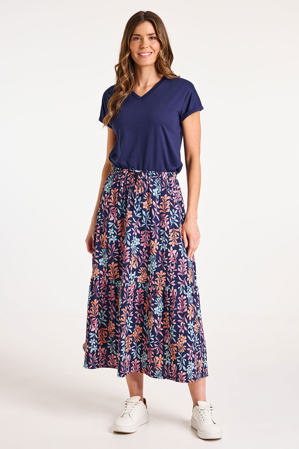 Bonmarche Navy Patched Floral Deep Hem Tiered Jersey Crinkle Skirt, Size: