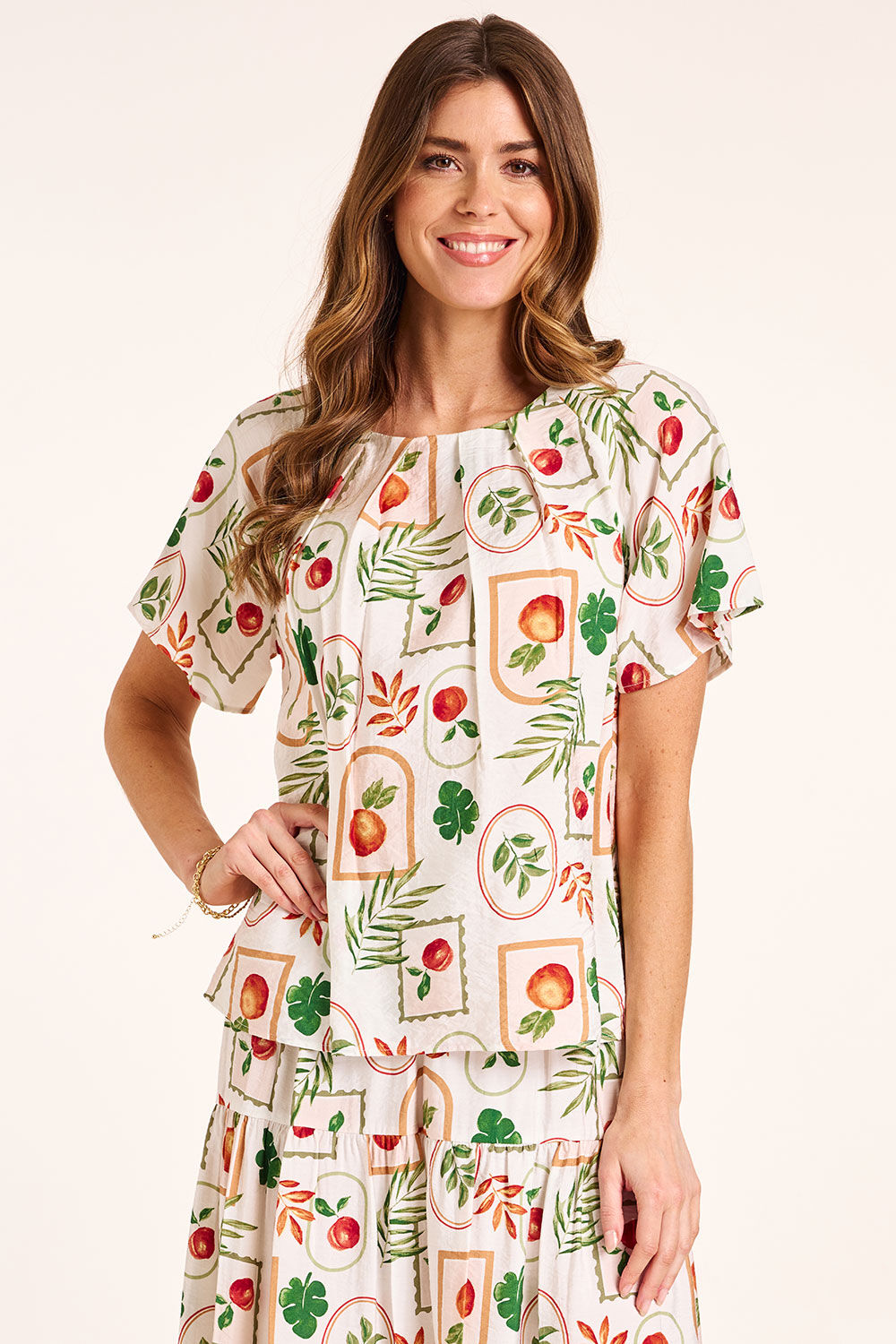 Bonmarche Gathered Neck Fruit Print Blouse