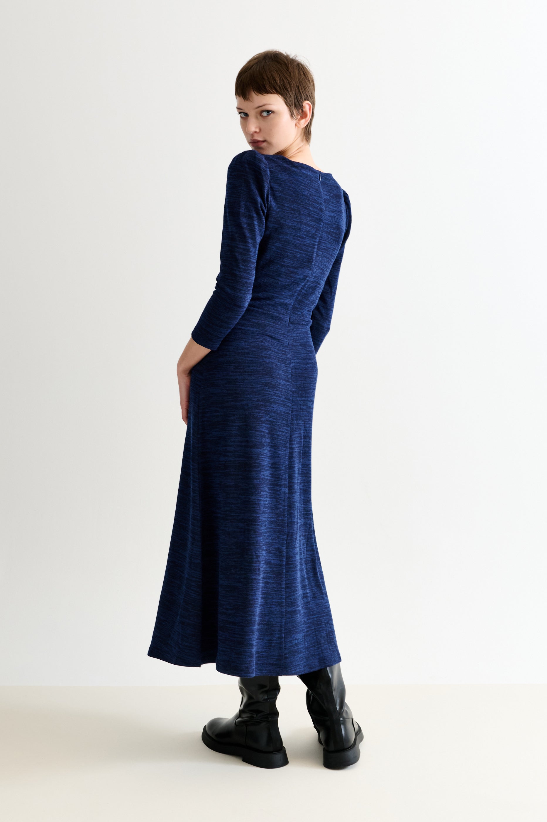 Ambrose Sustainable Marl Sweetheart Neck Midi Dress Navy