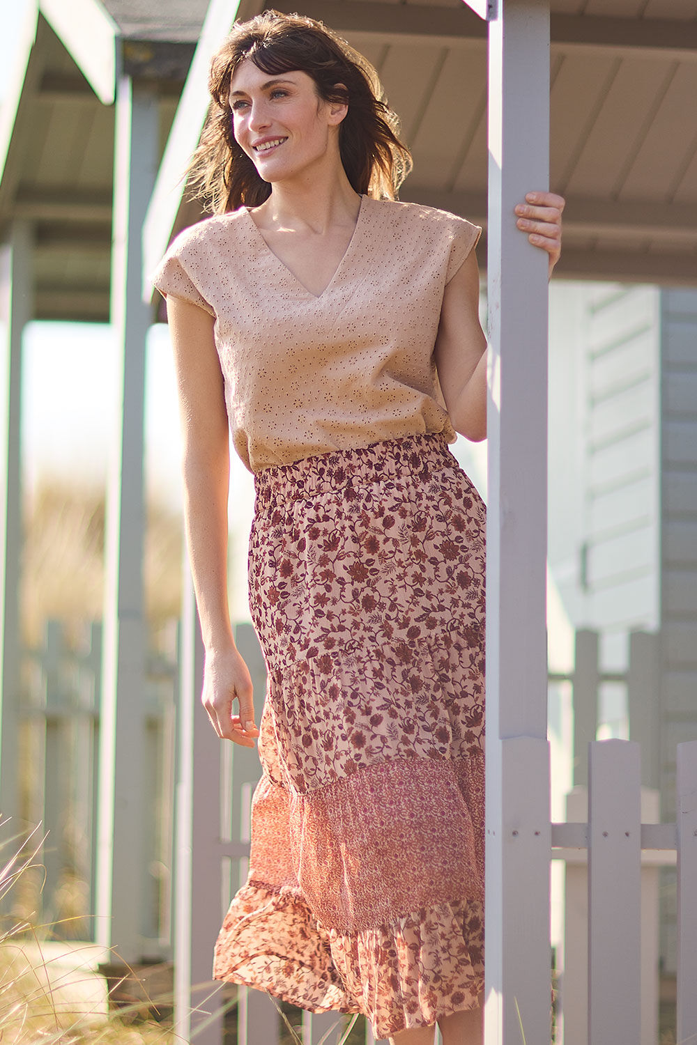Autonomy Pink - Patchwork Print Tiered Skirt, Size: