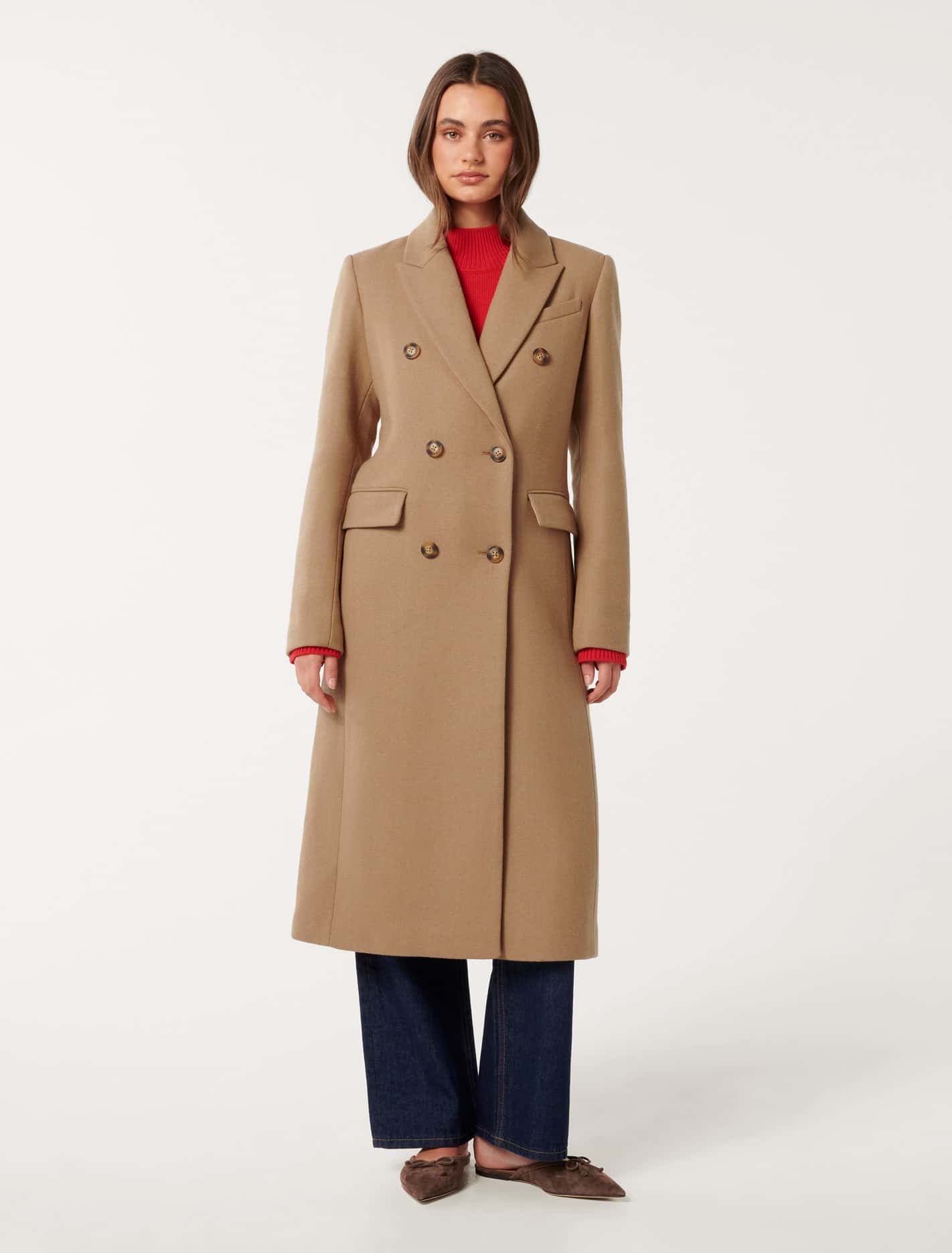 Forever New Women's Chandelle Double Breasted Coat in Camel, Size PolyesterWoolPolyester