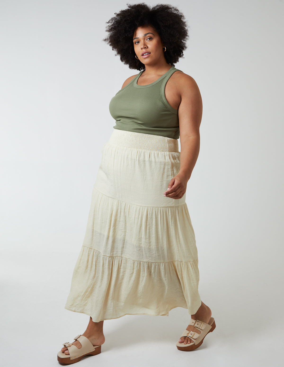 Curve Tiered Shirred Maxi Skirt - STONE