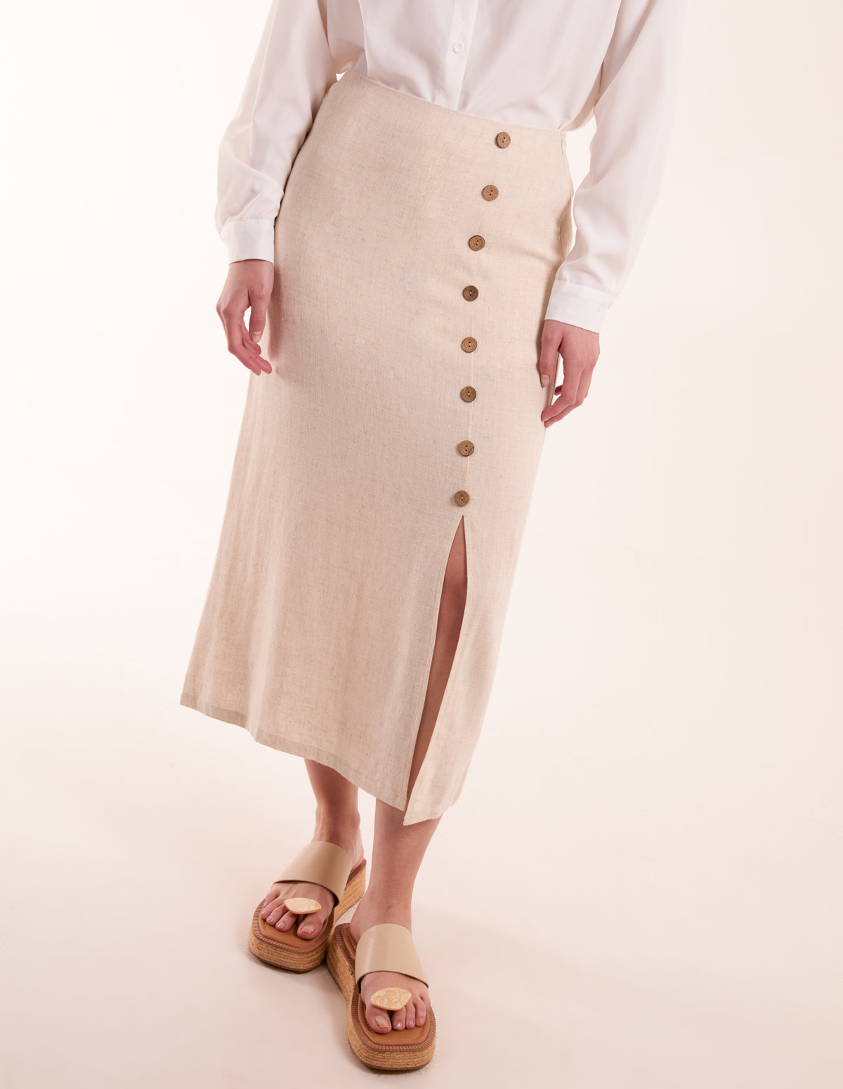 Linen Button Front Midi Skirt - STONE