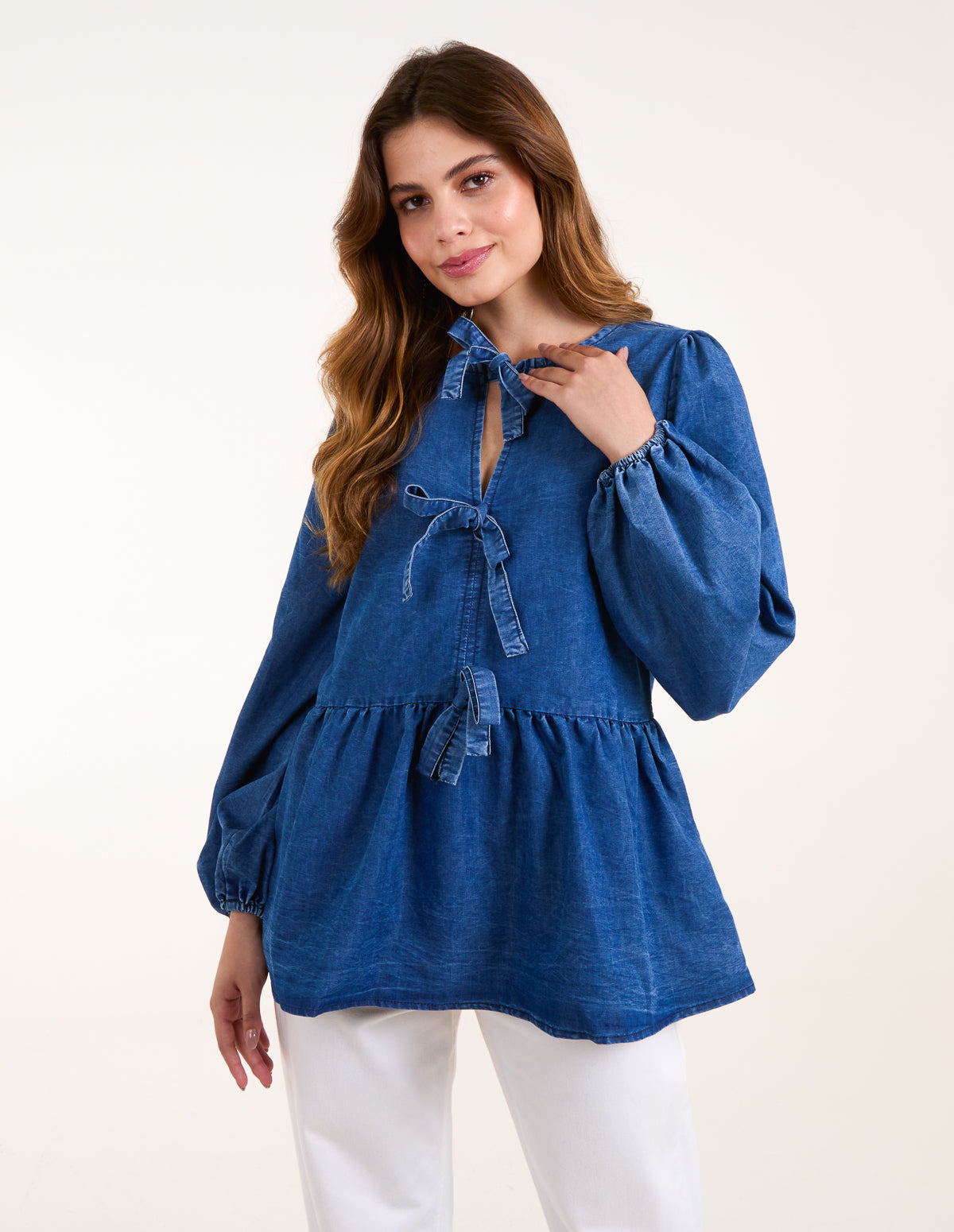 Tie Front Chambray Blouse - S DENIM