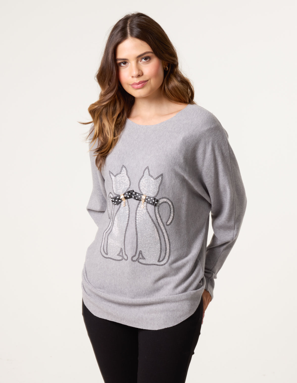Embellished Cat Jumper - L GREY