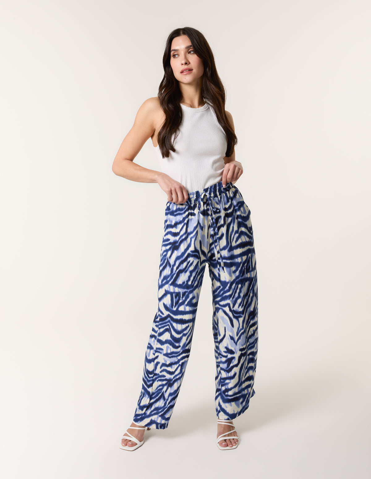 Printed Elastic Trousers - L BLUE