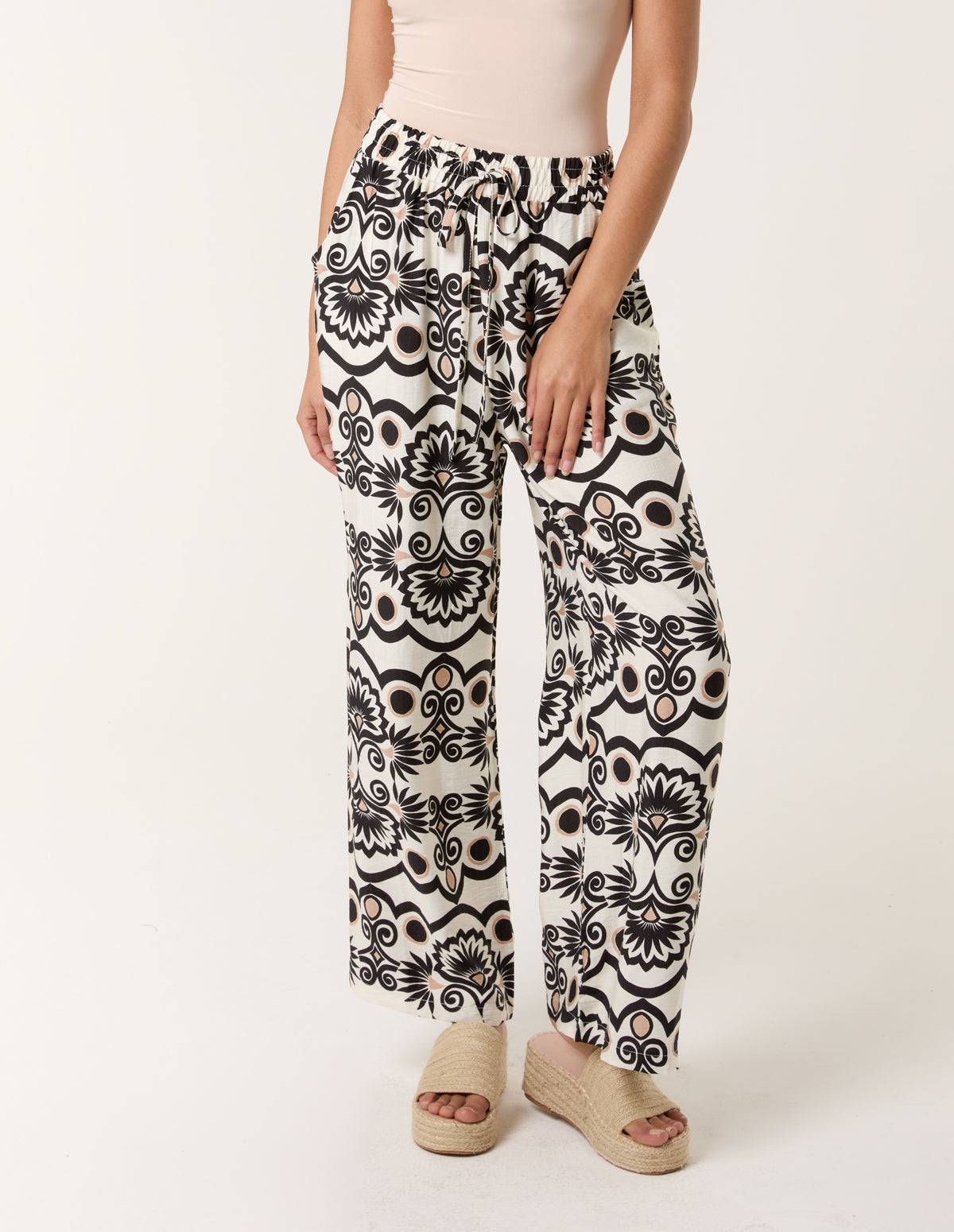 Printed Wide Leg Trousers - L IvoryBlack