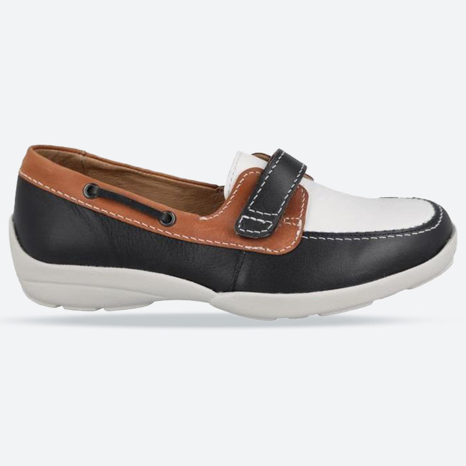 Women's Wide Fit DB Fiddle Shoes, Navy White Tan Leather V E - E