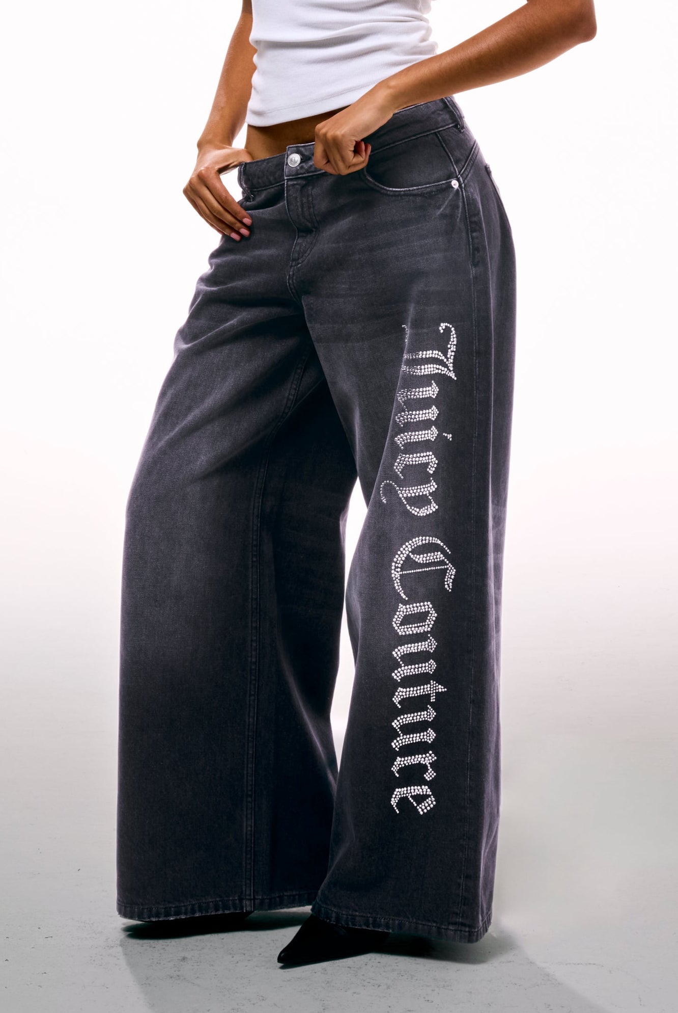 WASHED BLACK DIAMANTÉ WIDE LEG JEANS - W Black