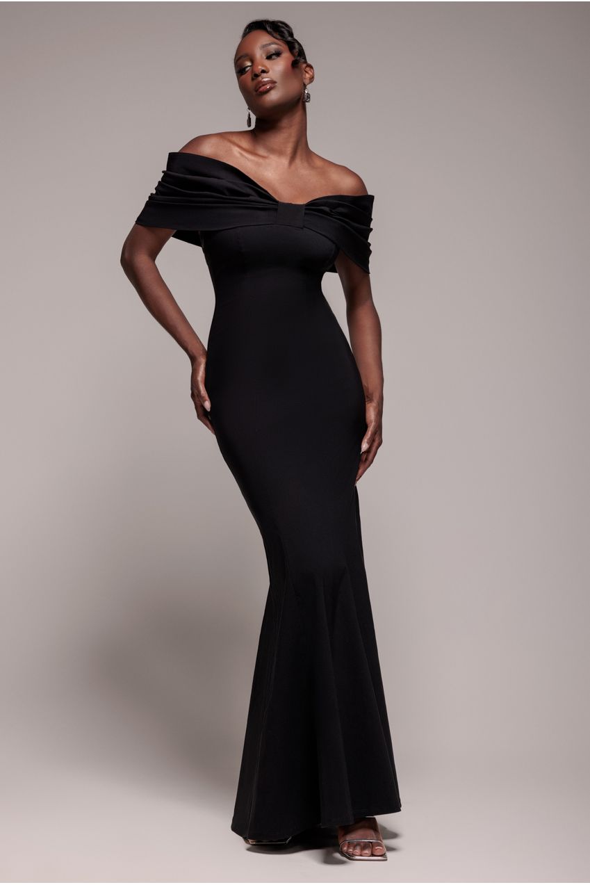 Goddiva Bardot Bow Neck Maxi Dress