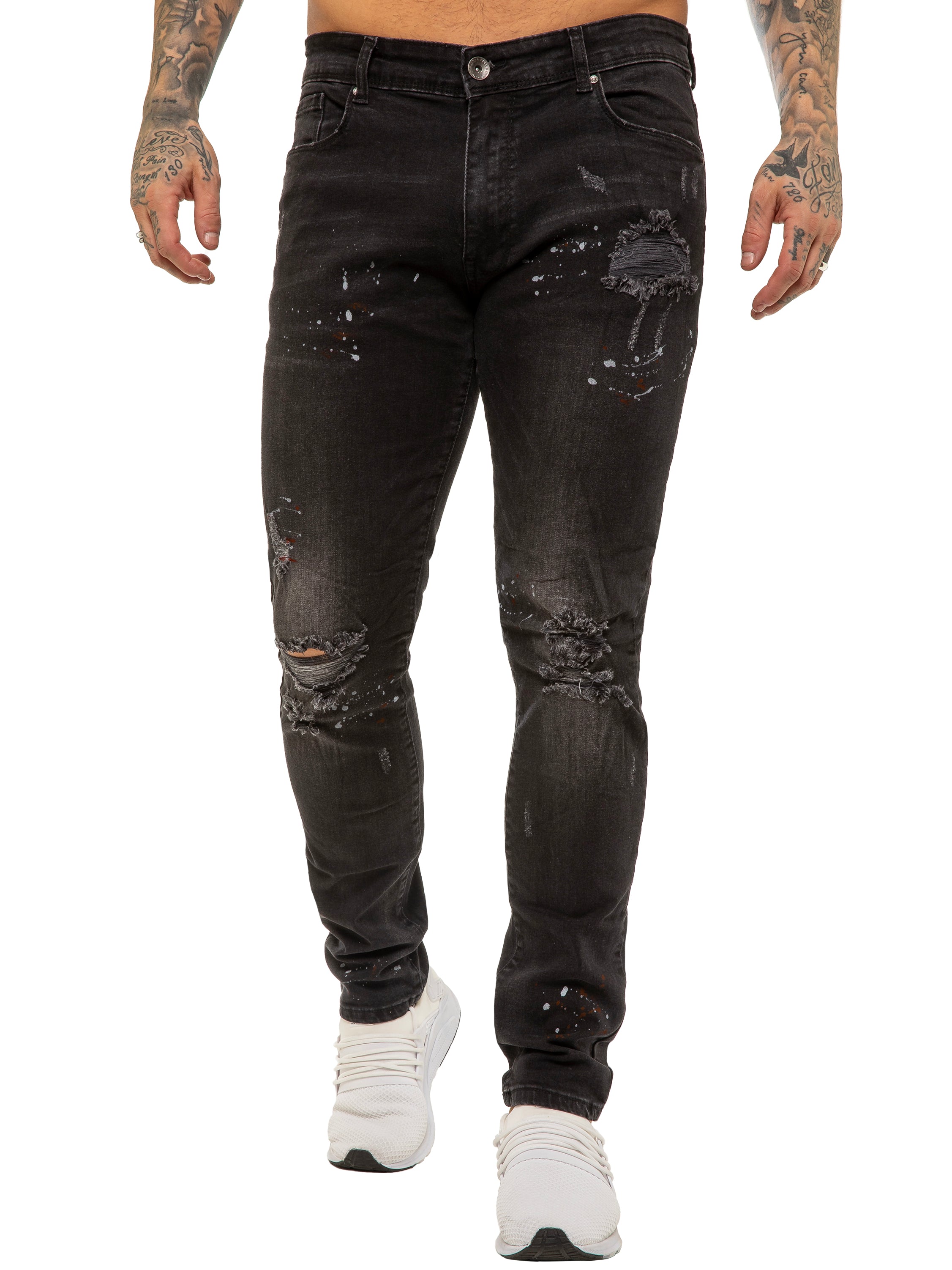 Mens Skinny Ripped Splash Jeans Stretch Denim