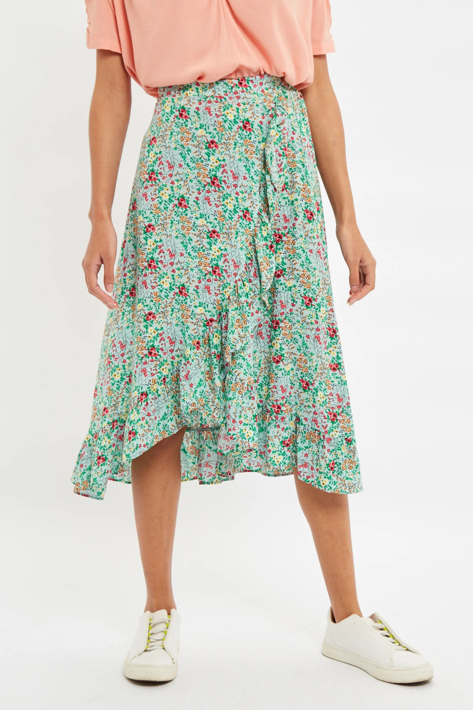 Louche Mara Flower Show Print Ruffle Hem Wrap Midi Skirt - Green