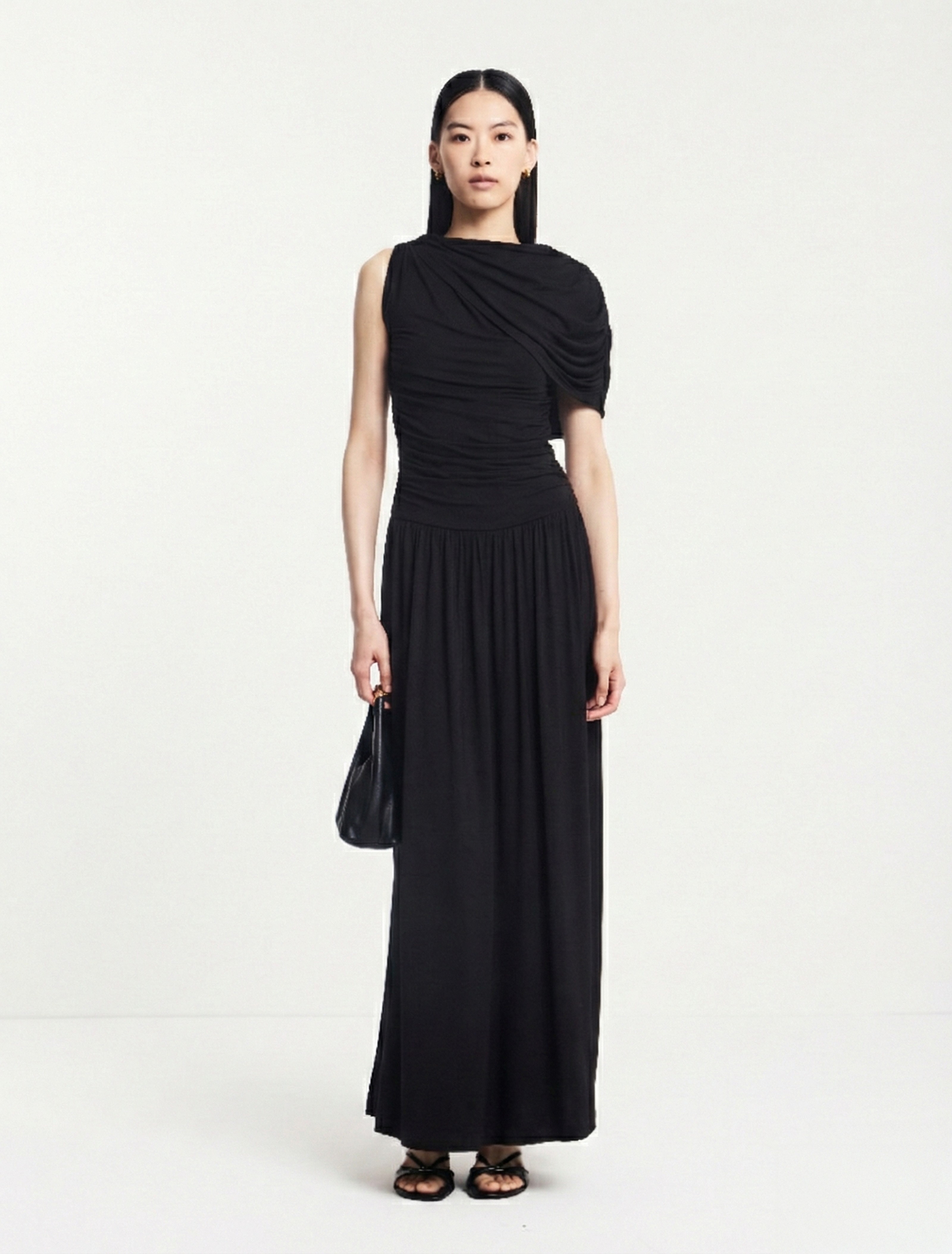 Mila Asymmetrical Caped Shoulder Maxi Dress in Black - MicroModal Ninety Percent