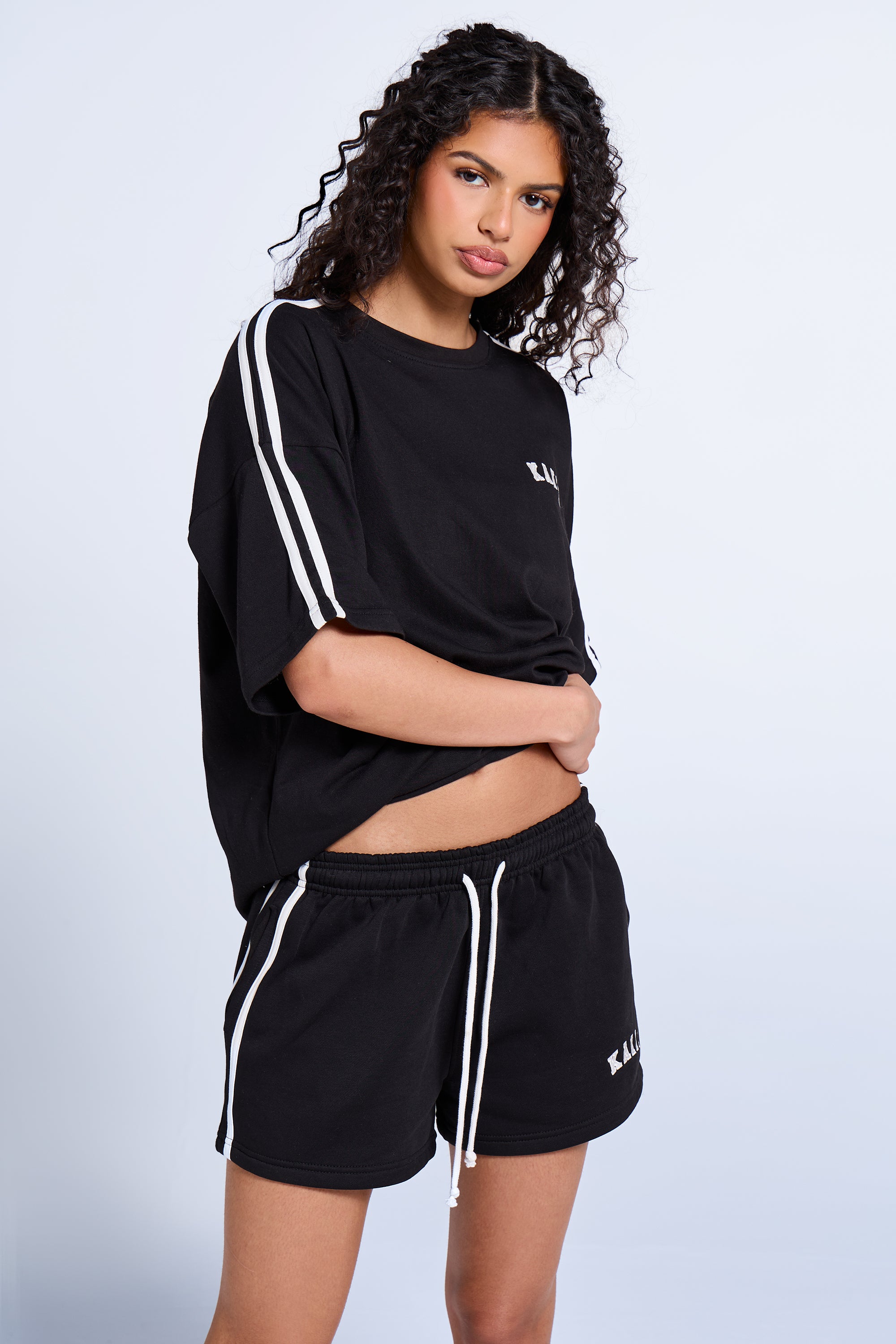 Kaiia Sport Side Stripe Mini Shorts Black & White