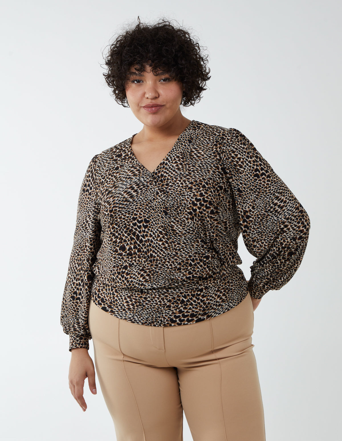 Curve Animal Printed Wrap Front Deep Hem Band Top - BROWN