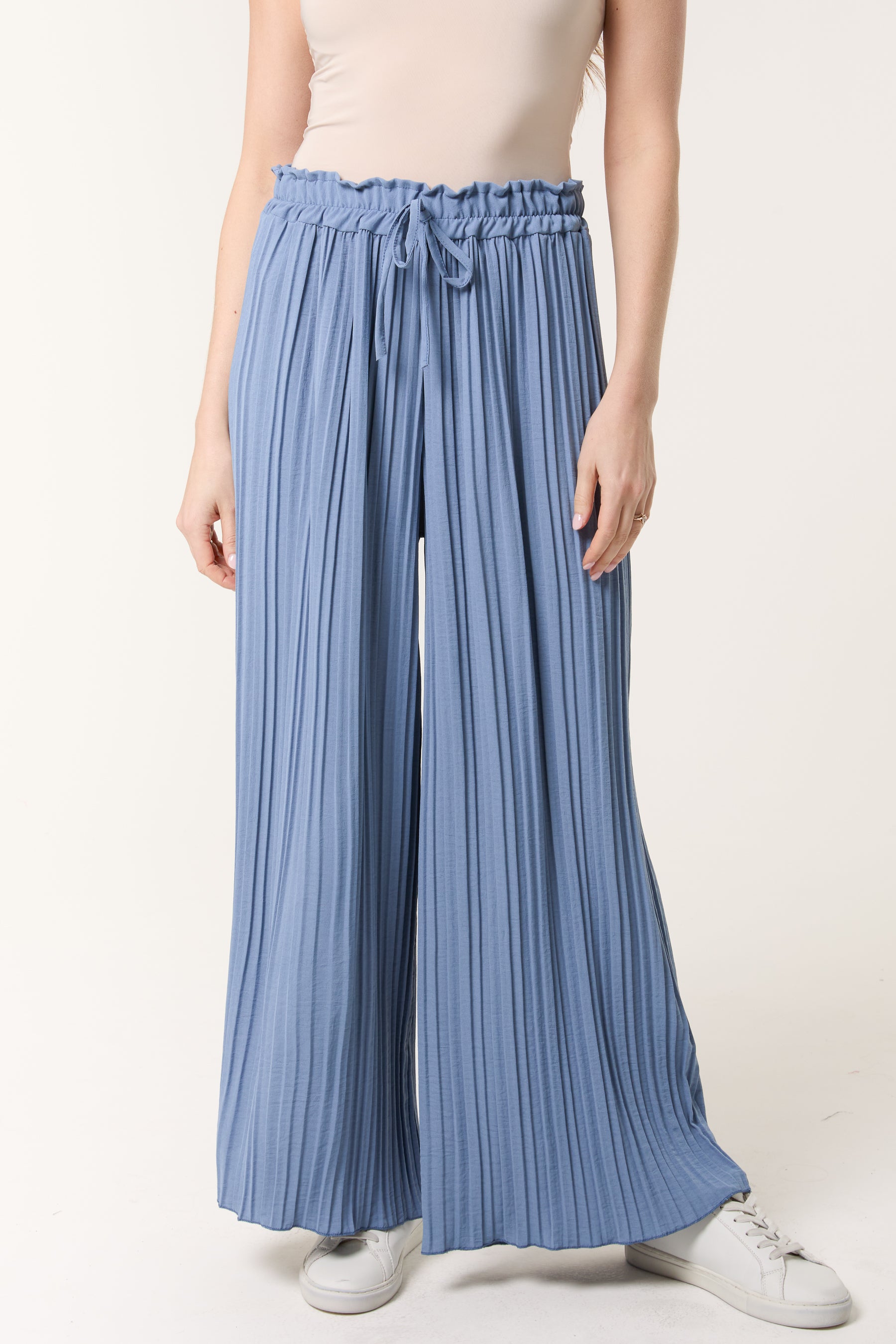 Wide Leg Plisse Drawstring Trousers - ML Denim