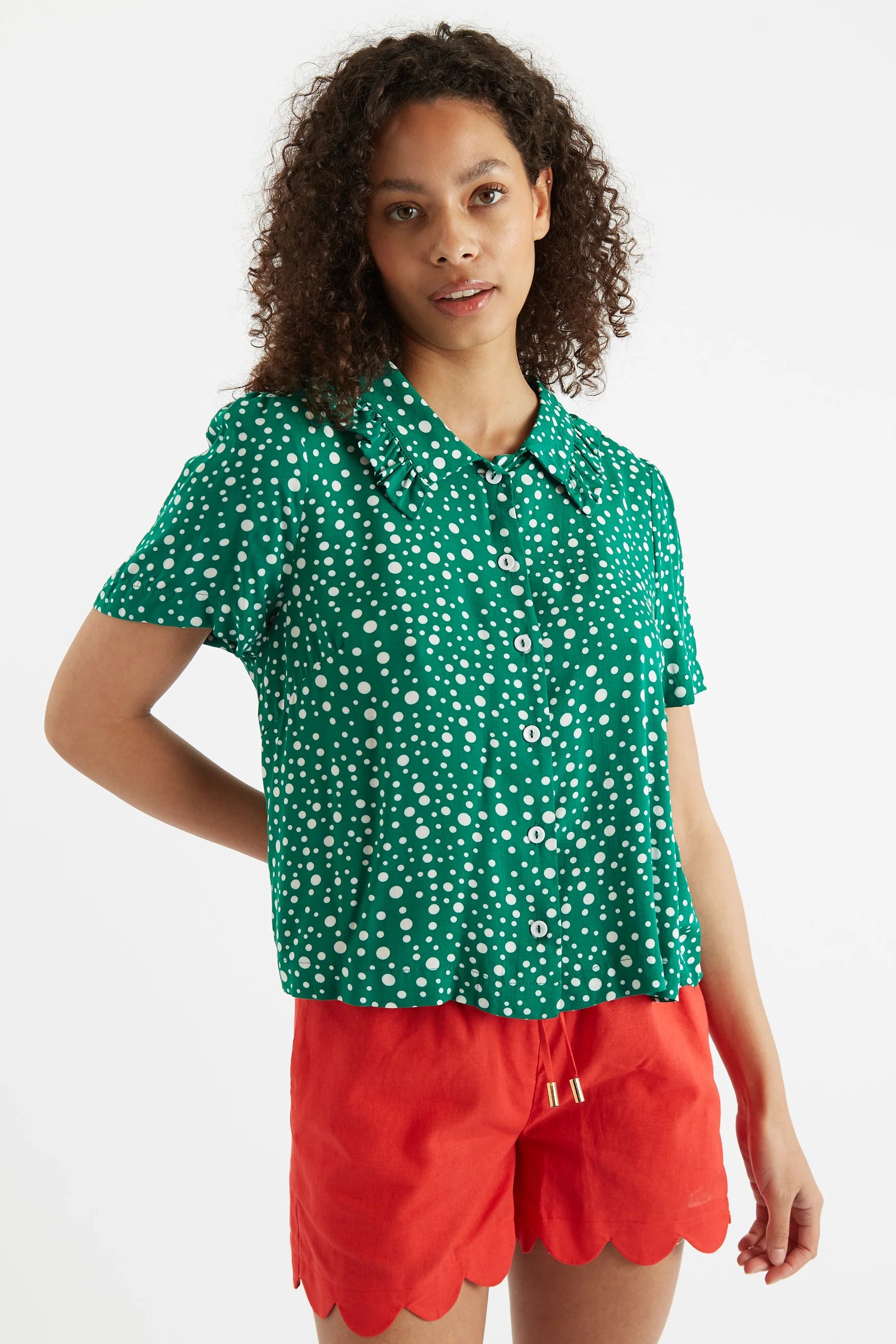 Louche Padma Spot It Print Ruffle Collar Short Sleeve Blouse Green - Green